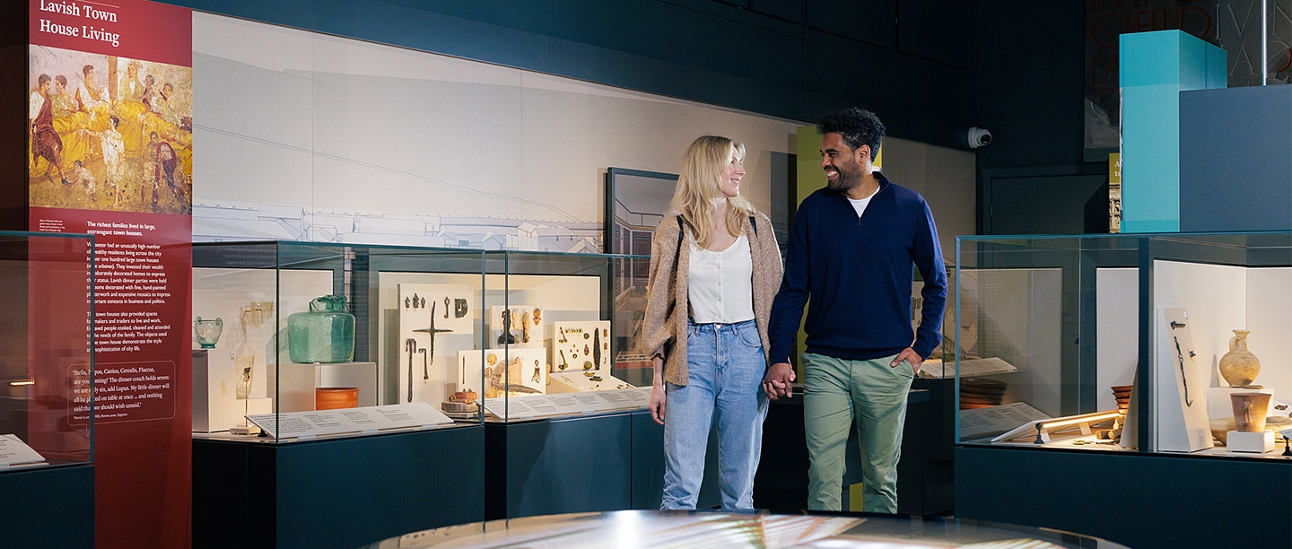 Image: a man and a woman enjoying Wroxeter Roman City's museum