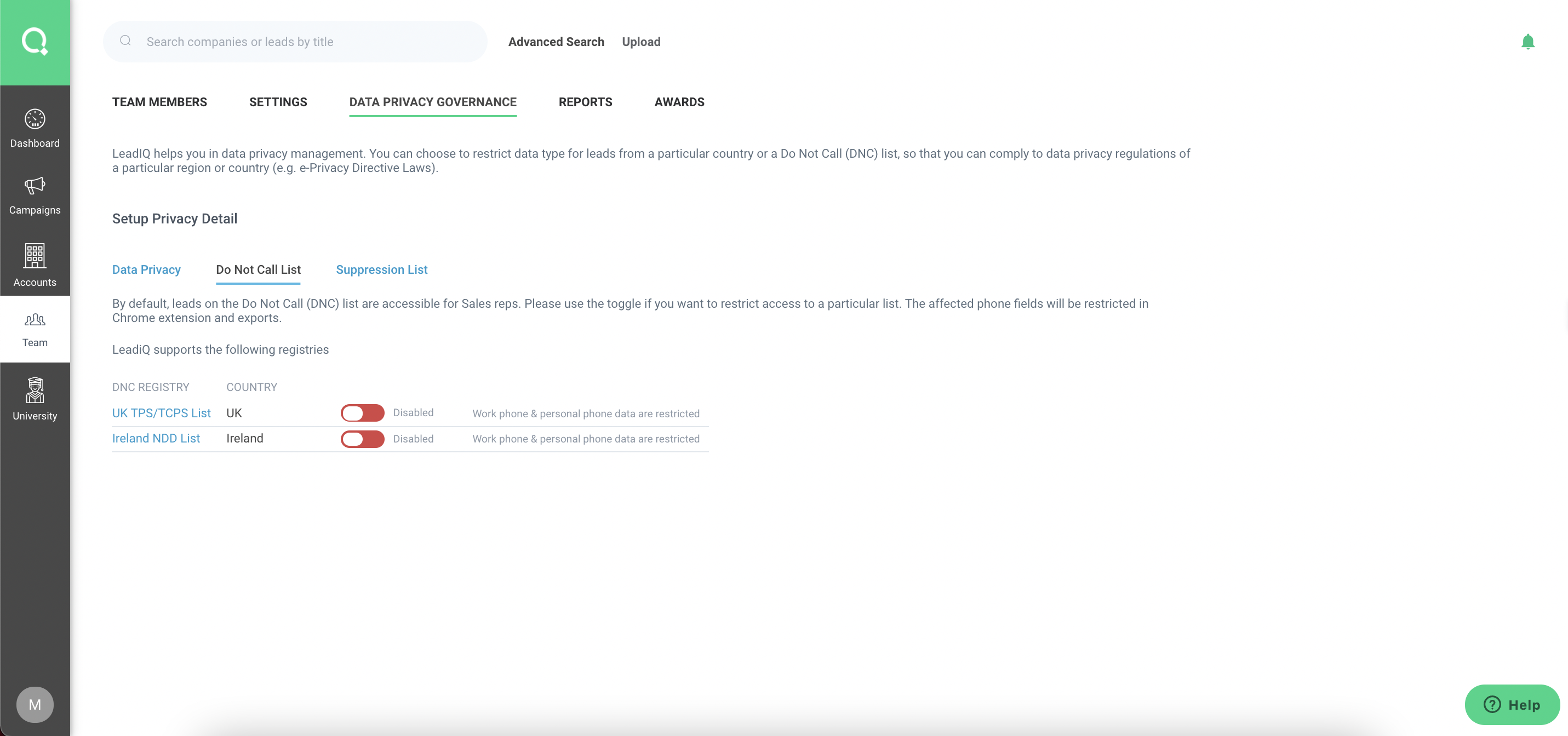 Screenshot of LeadIQ Data Privacy Governance "Do Not Call List" settings