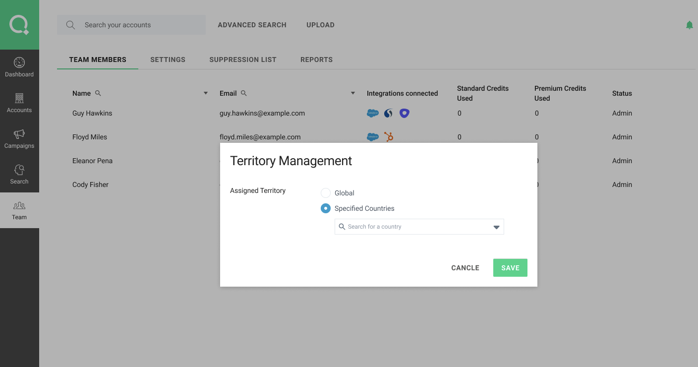 Screenshot of LeadIQ team Territory Management settings