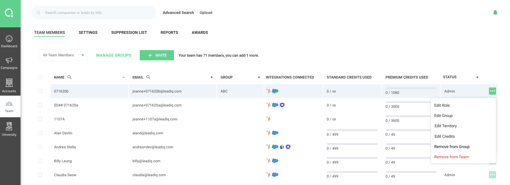 Screenshot of LeadIQ Team Management and Group Settings