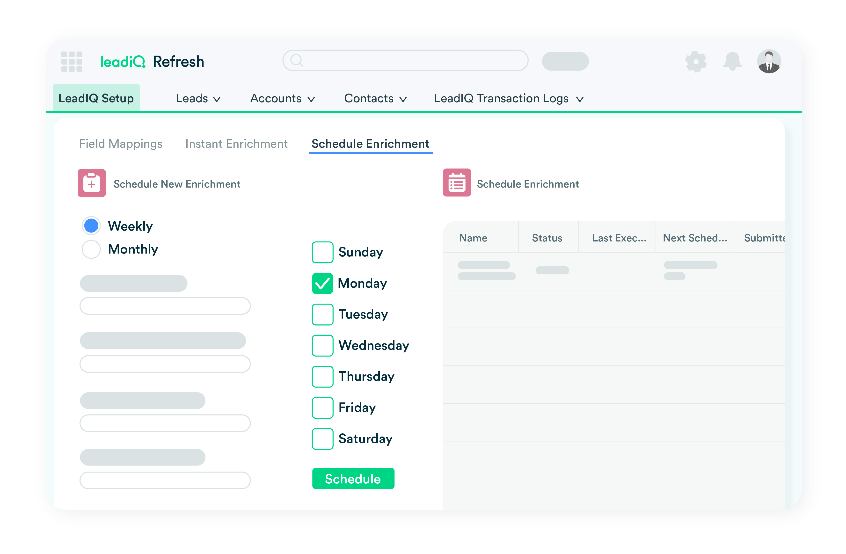 Product mockup showing LeadIQ Refresh schedule enrichment settings