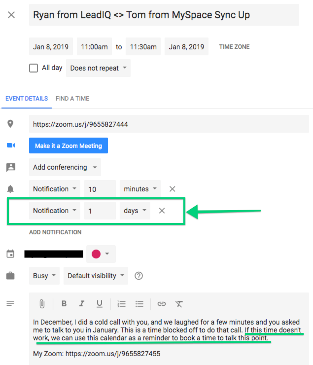 Screenshot of a calendar invite for a sales meeting in January with notifications set for 1 day prior & 10 minutes prior
