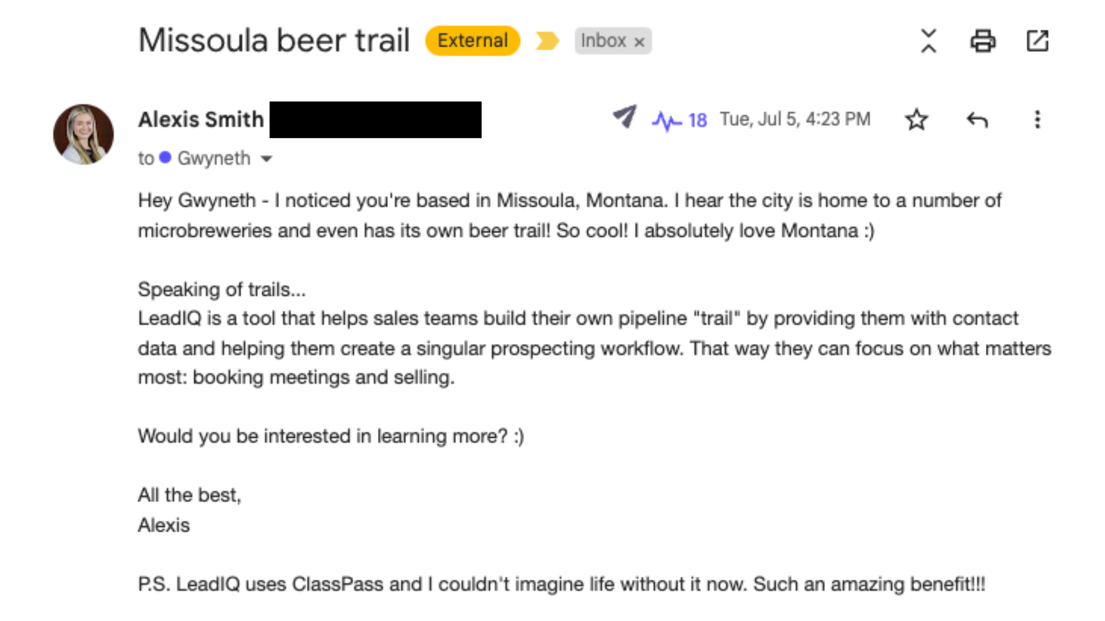 Example of a cold email using a fun fact about a prospect's location to personalize cold outreach. Subject line reads "Missoula beer trail"